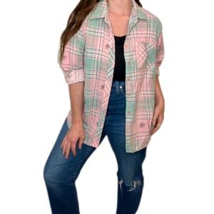 Vintage 90s Pastel Plaid Spring Blue Pink White Button-down Shirt Large 12/14